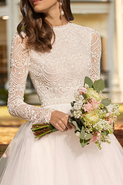 Romantic Ball-Gown High-Neck Long-Sleeve Open-Back Ankle-Length Wedding Dress
