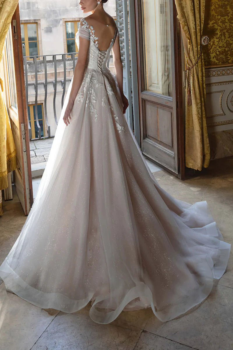 Romantic Ball-Gown Illusion-Neck Cap Sleeve Lace-Up-Back Train-Length Wedding Dress