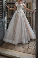 Romantic Ball-Gown Illusion-Neck Cap Sleeve Lace-Up-Back Train-Length Wedding Dress