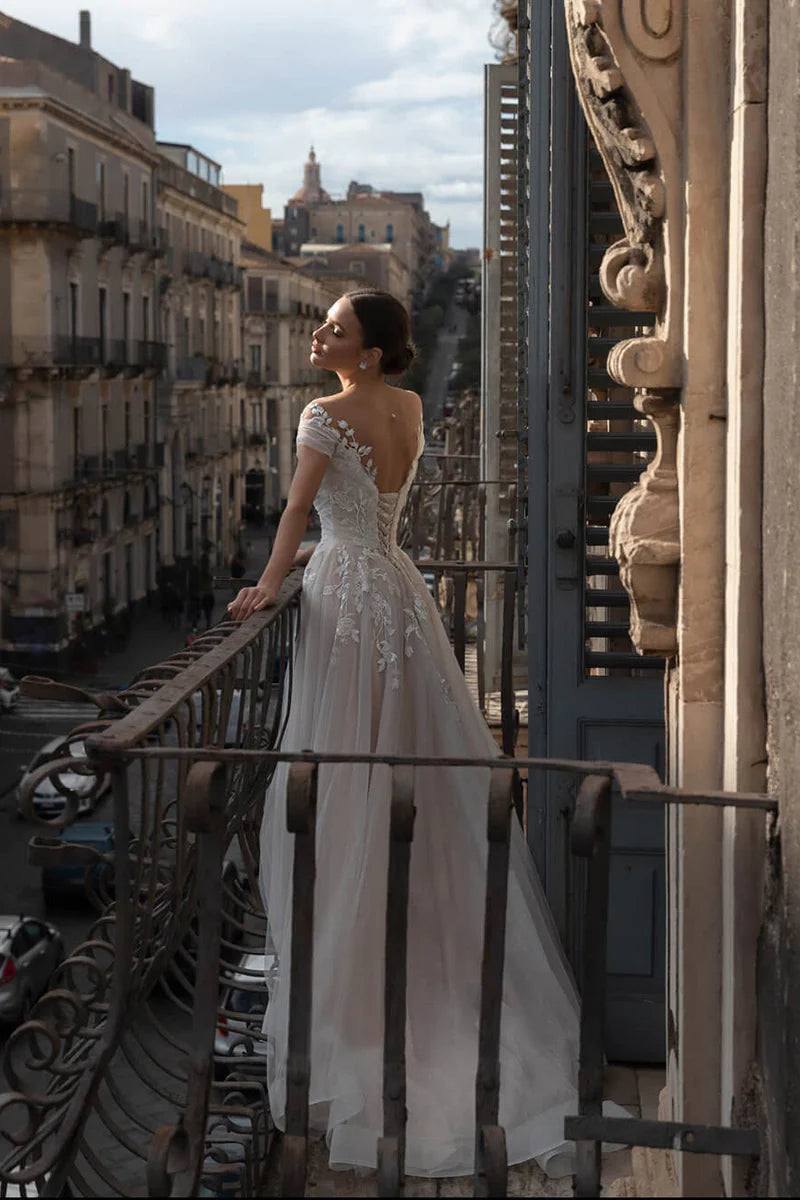 Romantic Ball-Gown Illusion-Neck Cap Sleeve Lace-Up-Back Train-Length Wedding Dress