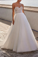 Romantic Ball-Gown Off-Shoulder Detachable-Tulle-Sleeve Illusion-Back Train-Length Wedding Dress