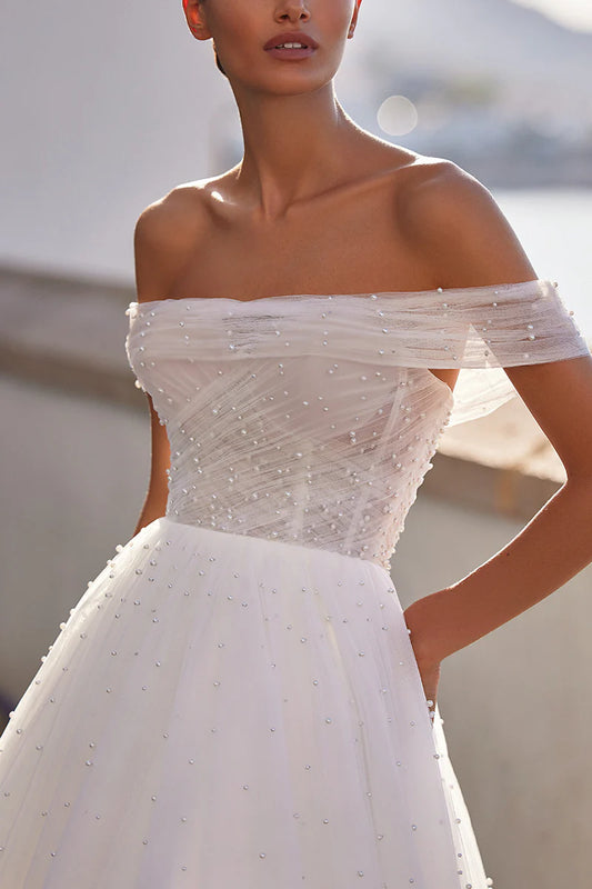Romantic Ball-Gown Off-Shoulder Detachable-Tulle-Sleeve Illusion-Back Train-Length Wedding Dress