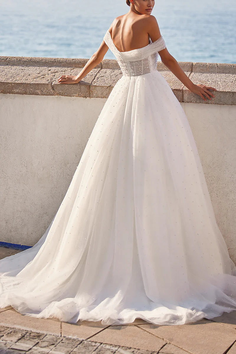Romantic Ball-Gown Off-Shoulder Detachable-Tulle-Sleeve Illusion-Back Train-Length Wedding Dress