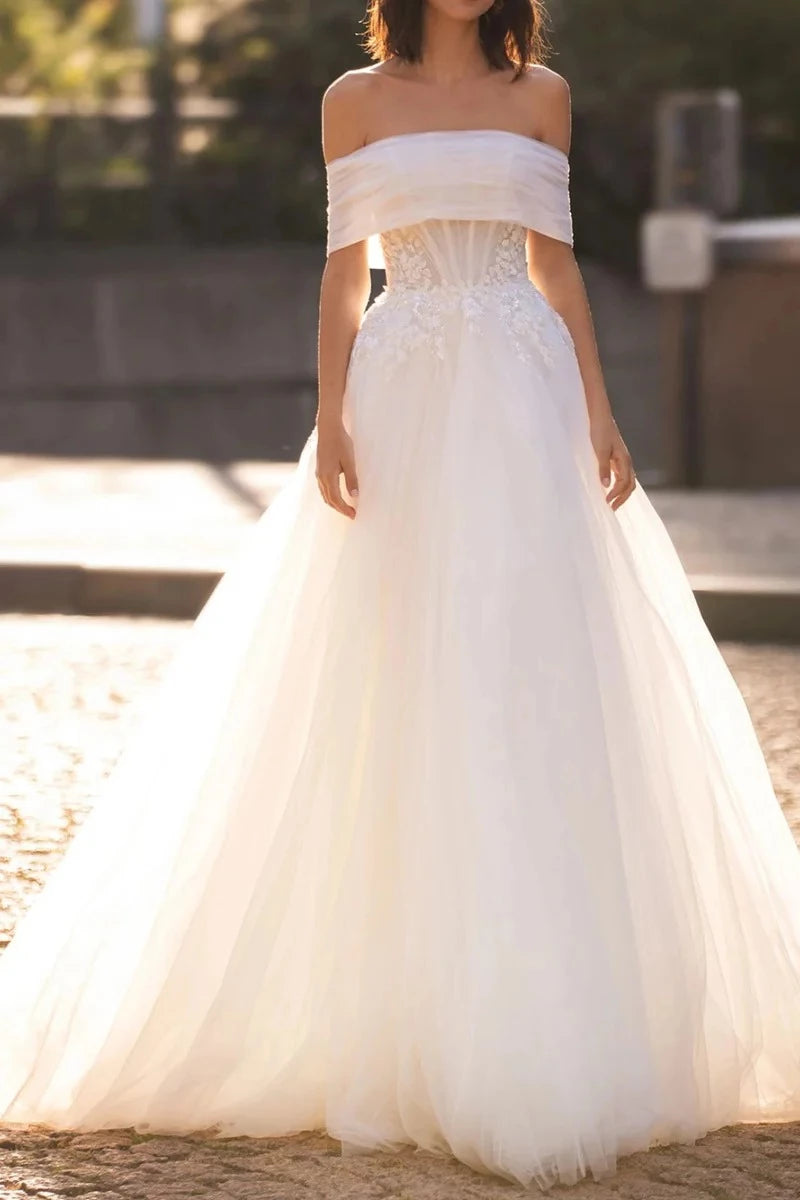 Romantic Ball Gown Off Shoulder Sleeveless Bow Back Train Length Wedding Dress