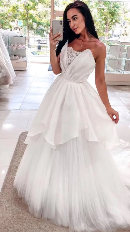 Romantic Ball-Gown One-Shoulder Sleeveless Sheer-Back Chapel Train Wedding Dress