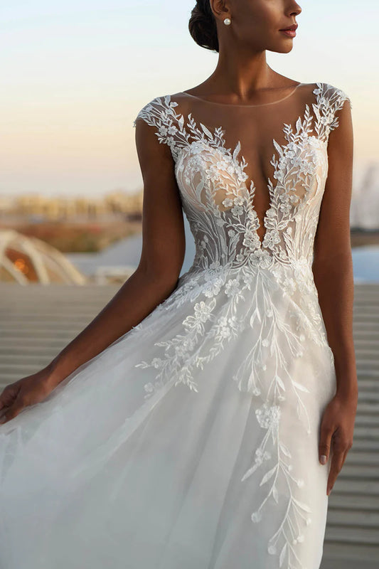 Romantic Ball-Gown Plunge V Neck Cap Sleeve Illusion Back Train Length Wedding Dress