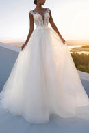 Romantic Ball-Gown Plunge V Neck Cap Sleeve Illusion Back Train Length Wedding Dress