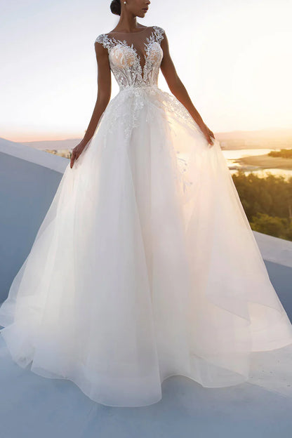 Romantic Ball-Gown Plunge V Neck Cap Sleeve Illusion Back Train Length Wedding Dress