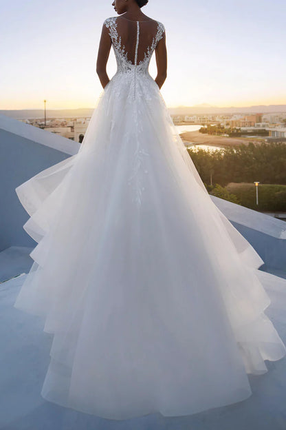 Romantic Ball-Gown Plunge V Neck Cap Sleeve Illusion Back Train Length Wedding Dress