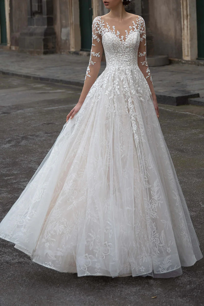 Romantic Ball Gown Plunge V Neck Long Sleeve Lace Back Cathedral Train Wedding Dress