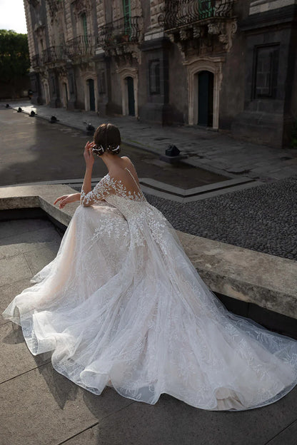 Romantic Ball Gown Plunge V Neck Long Sleeve Lace Back Cathedral Train Wedding Dress