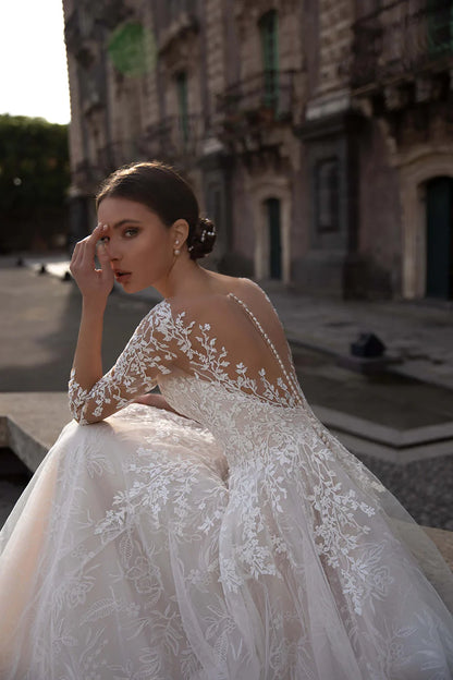 Romantic Ball Gown Plunge V Neck Long Sleeve Lace Back Cathedral Train Wedding Dress