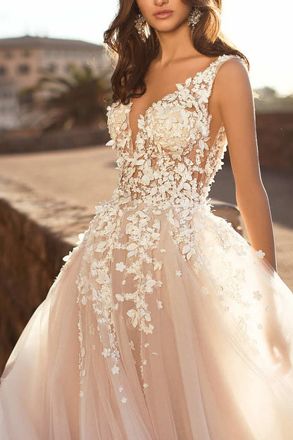 Romantic Ball-Gown Plunge-V-Neck Sleeveless Open-Back Train-Length Wedding Dress