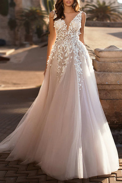 Romantic Ball-Gown Plunge-V-Neck Sleeveless Open-Back Train-Length Wedding Dress