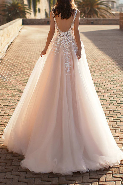 Romantic Ball-Gown Plunge-V-Neck Sleeveless Open-Back Train-Length Wedding Dress