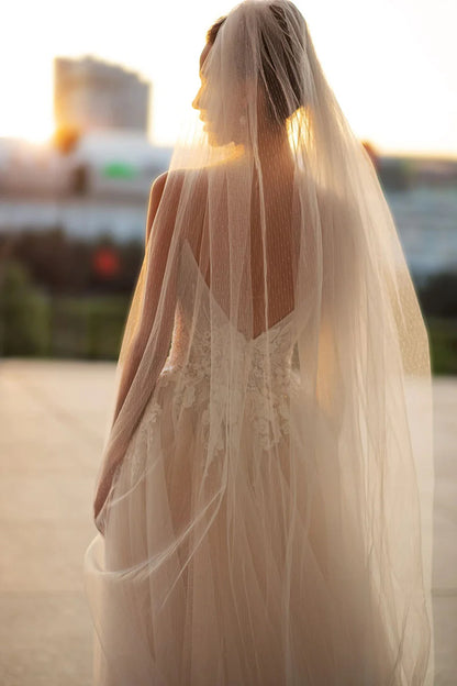 Romantic Ball Gown Plunge V-Neck Spaghetti Strap Open Back Train Length Wedding Dress