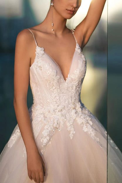 Romantic Ball Gown Plunge V-Neck Spaghetti Strap Open Back Train Length Wedding Dress