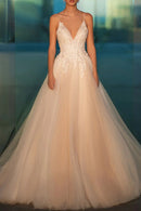 Romantic Ball Gown Plunge V-Neck Spaghetti Strap Open Back Train Length Wedding Dress