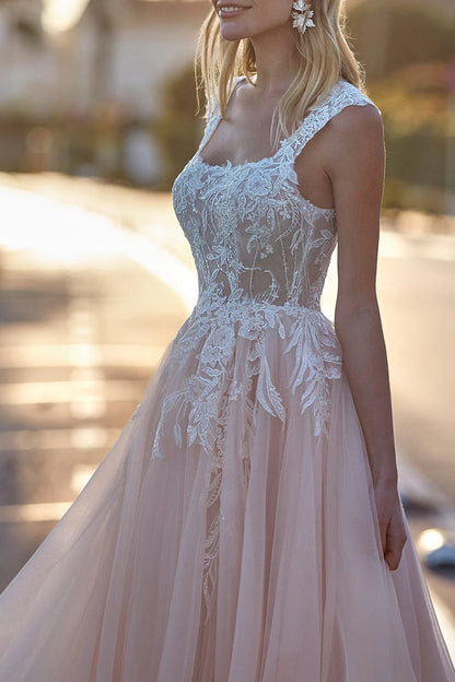 Romantic Ball-Gown Square-Neck Cap-Sleeve Open-Back Train-Length Wedding Dress