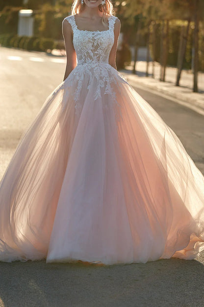 Romantic Ball-Gown Square-Neck Cap-Sleeve Open-Back Train-Length Wedding Dress