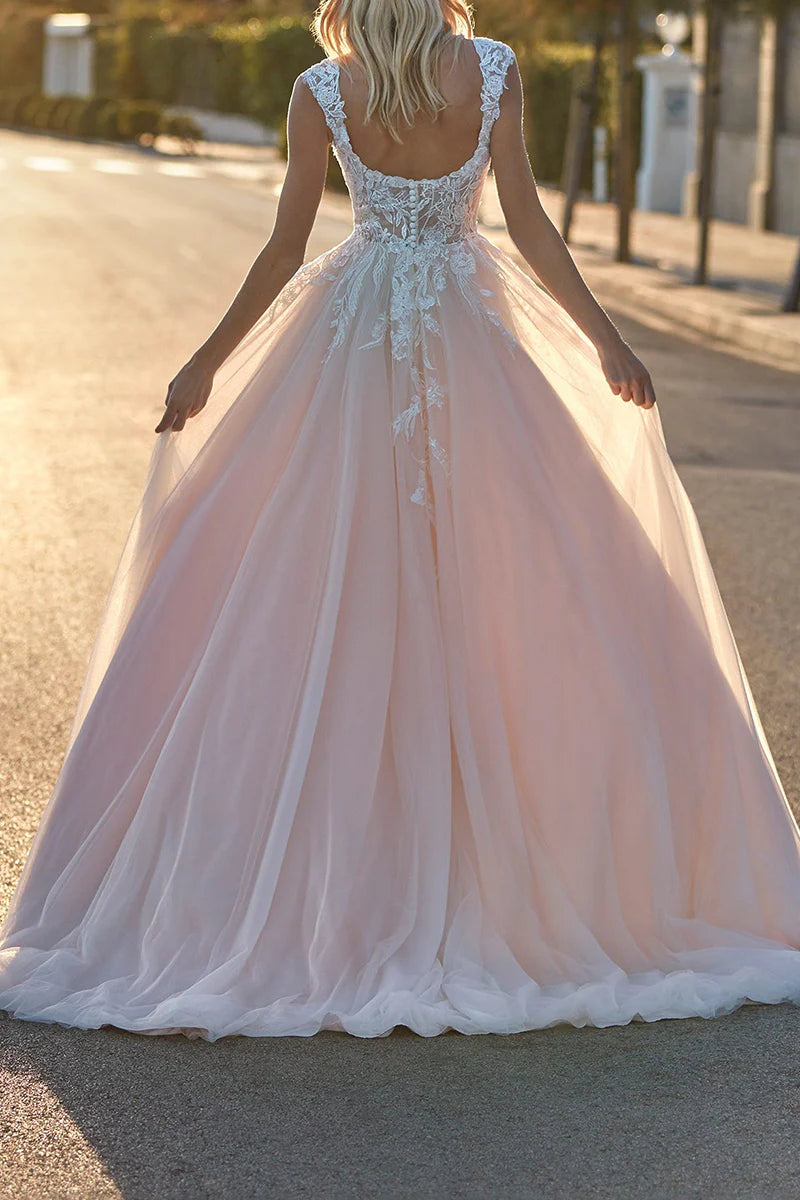 Romantic Ball-Gown Square-Neck Cap-Sleeve Open-Back Train-Length Wedding Dress