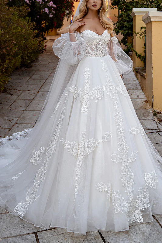 Romantic Ball-Gown Sweetheart Detachable-Puff-Sleeve Lace-Up-Back Train-Length Wedding Dress