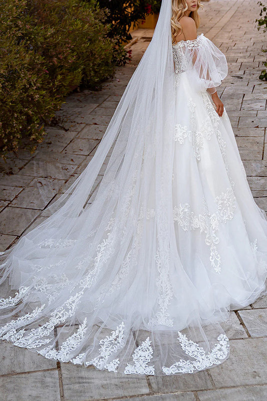 Romantic Ball-Gown Sweetheart Detachable-Puff-Sleeve Lace-Up-Back Train-Length Wedding Dress