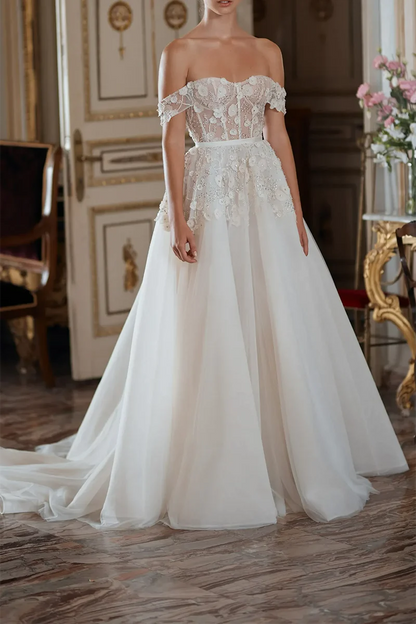 Romantic Ball-Gown Sweetheart Off-Shoulder Lace-Up-Back Train-Length Wedding Dress