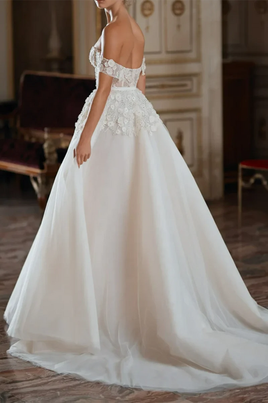 Romantic Ball-Gown Sweetheart Off-Shoulder Lace-Up-Back Train-Length Wedding Dress