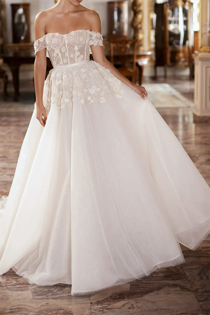 Romantic Ball-Gown Sweetheart Off-Shoulder Lace-Up-Back Train-Length Wedding Dress