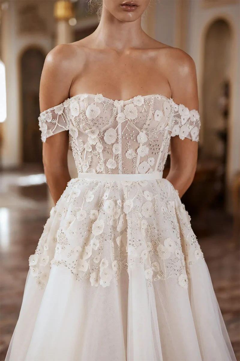 Romantic Ball-Gown Sweetheart Off-Shoulder Lace-Up-Back Train-Length Wedding Dress