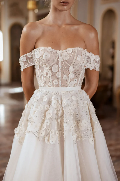 Romantic Ball-Gown Sweetheart Off-Shoulder Lace-Up-Back Train-Length Wedding Dress