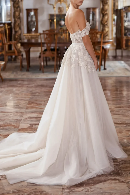 Romantic Ball-Gown Sweetheart Off-Shoulder Lace-Up-Back Train-Length Wedding Dress