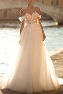 Romantic Ball-Gown Sweetheart Off Shoulder Short Sleeve Zipper Back Train Length Wedding Dress
