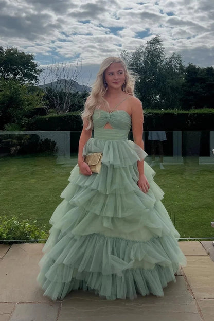 Romantic Ball-Gown Sweetheart One-Shoulder Open-Back Cutout Tiered-Ruffle Evening Dress