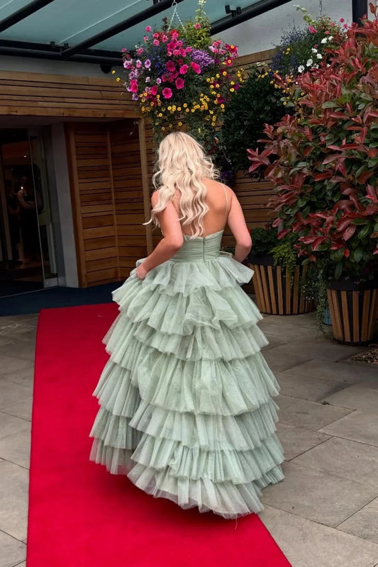 Romantic Ball-Gown Sweetheart One-Shoulder Open-Back Cutout Tiered-Ruffle Evening Dress