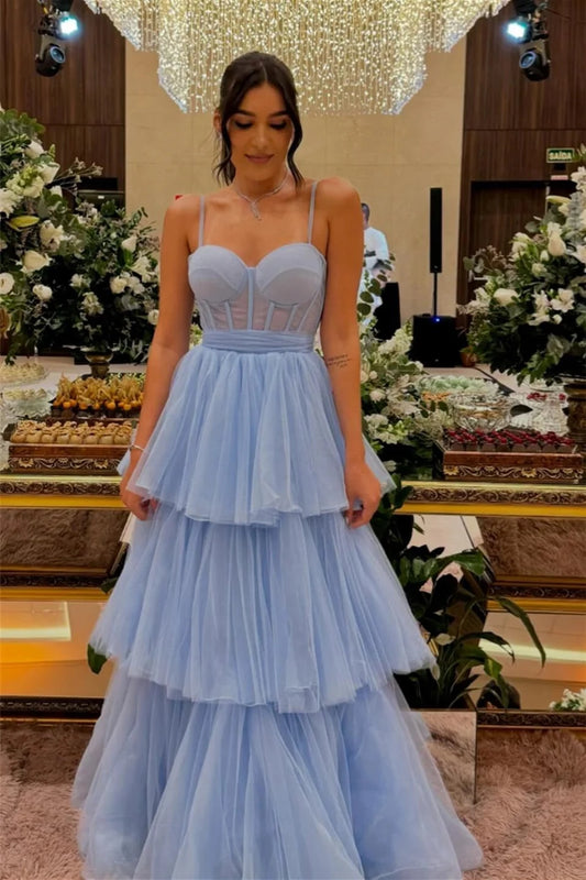 Romantic Ball-Gown Sweetheart Spaghetti-Strap Open-Back Tiered-Tulle Maxi Evening Dress