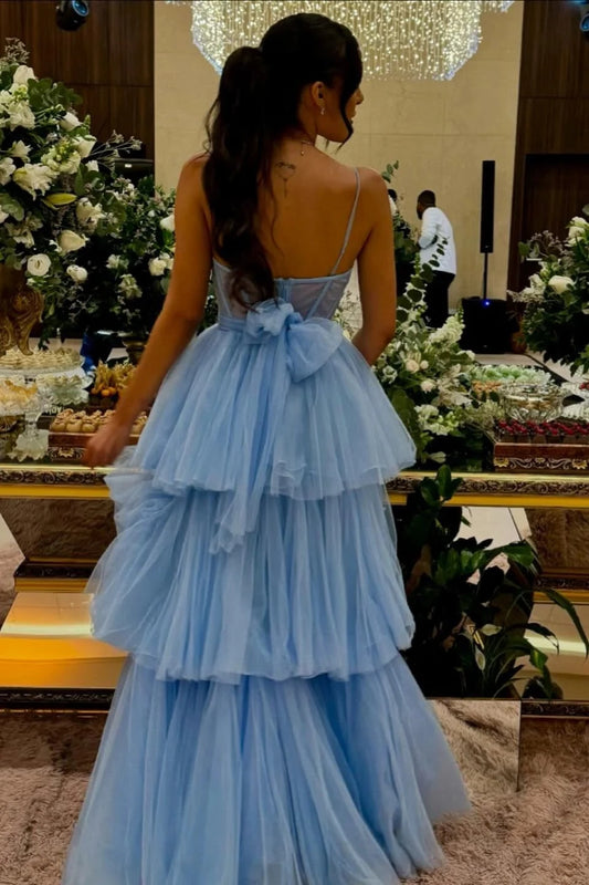 Romantic Ball-Gown Sweetheart Spaghetti-Strap Open-Back Tiered-Tulle Maxi Evening Dress