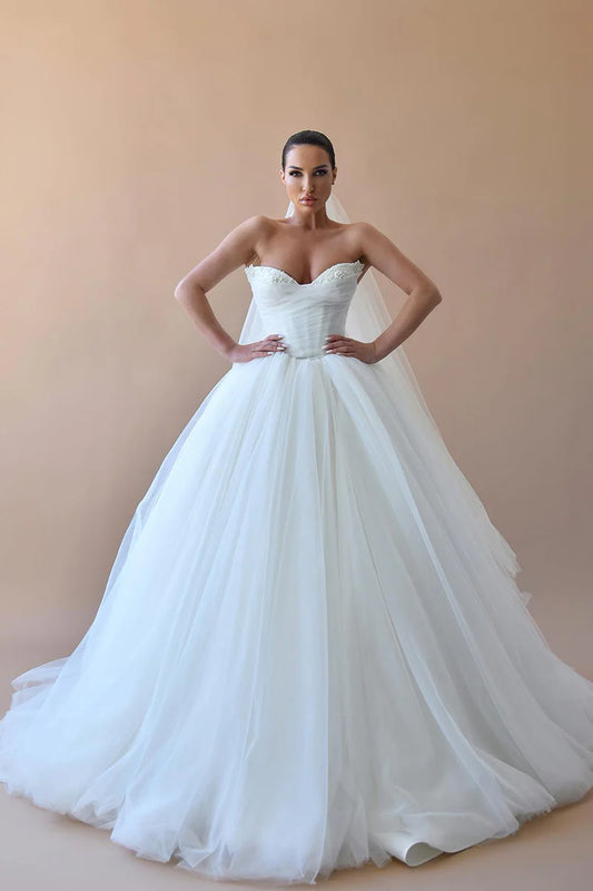Romantic Ball-Gown Sweetheart Strapless Corset-Back Train-Length Wedding Dress