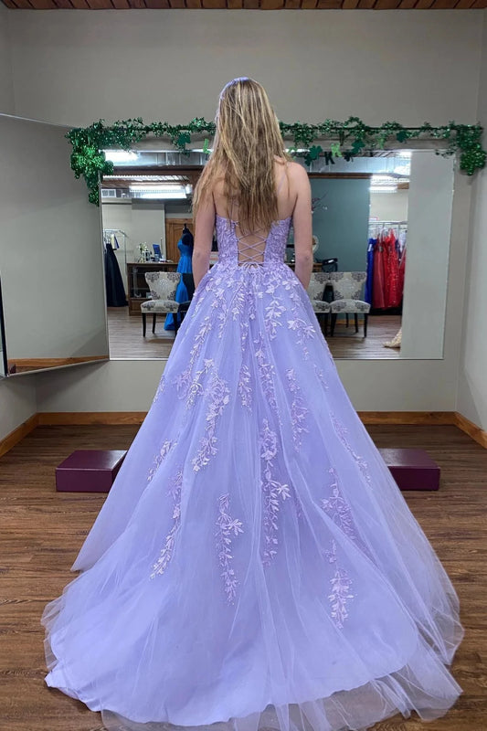 Romantic Ball-Gown Sweetheart Strapless Lace-Up-Back Lace-Appliqué Tulle Train Evening Dress