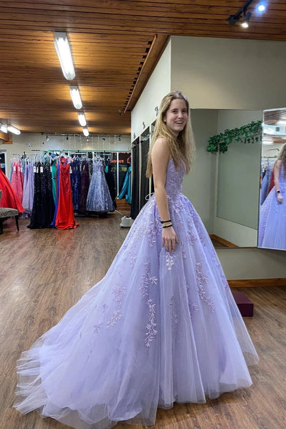 Romantic Ball-Gown Sweetheart Strapless Lace-Up-Back Lace-Appliqué Tulle Train Evening Dress