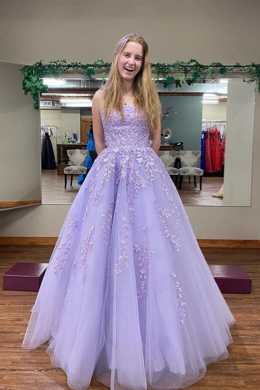 Romantic Ball-Gown Sweetheart Strapless Lace-Up-Back Lace-Appliqué Tulle Train Evening Dress