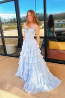 Romantic Ball-Gown Sweetheart Strapless Open-Back Tiered-Ruffle Train Evening Dress