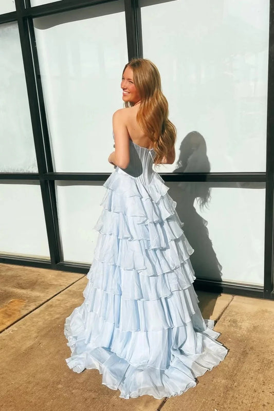 Romantic Ball-Gown Sweetheart Strapless Open-Back Tiered-Ruffle Train Evening Dress