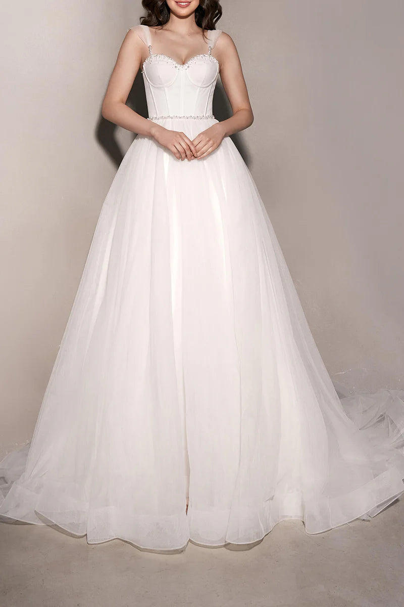 Ivory Tulle A-Line Sweetheart Back Zip Floor-Length Dress
