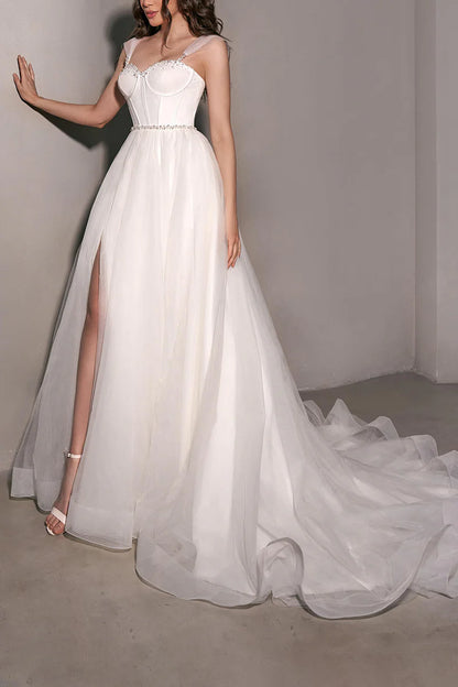 Ivory Tulle A-Line Sweetheart Back Zip Floor-Length Dress
