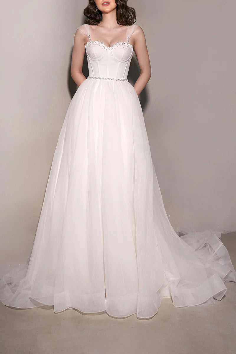 Ivory Tulle A-Line Sweetheart Back Zip Floor-Length Dress
