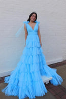 Romantic Ball-Gown V-Neck Sleeveless Bow-Shoulder Tiered-Tulle Train Evening Dress