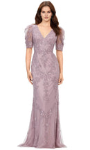 Romantic Mermaid Deep V Puff Sleeve Open Back Train Length Prom Dress
