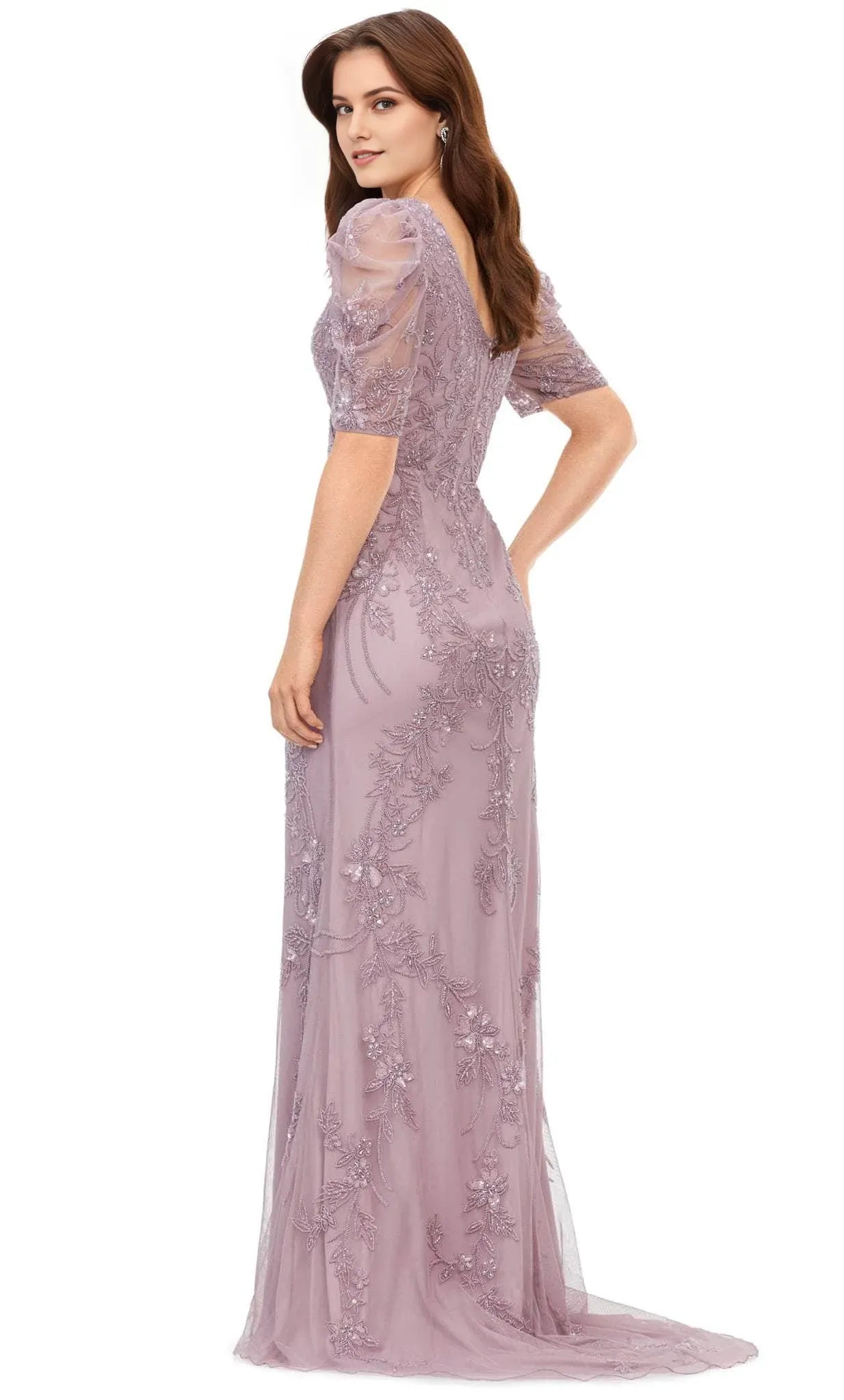 Romantic Mermaid Deep V Puff Sleeve Open Back Train Length Prom Dress